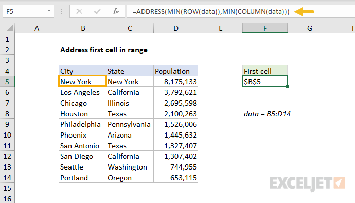 Address of first cell in range Excel formula Exceljet